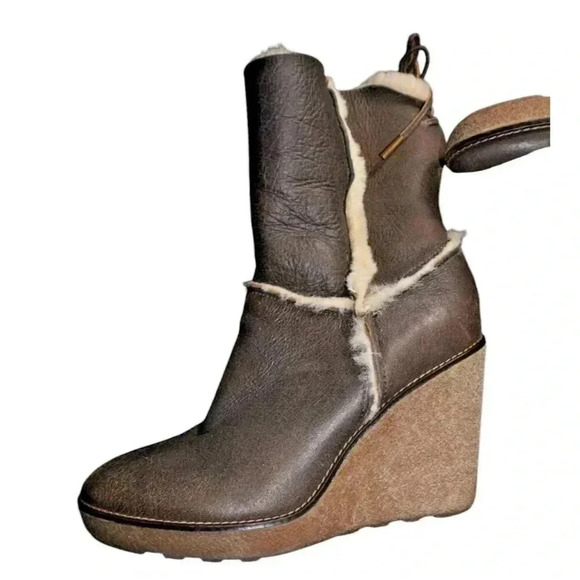 Moncler Brown Leather Merino Fur Boots Platform Wedge Booties 39 USA 8.5 - Picture 4 of 14
